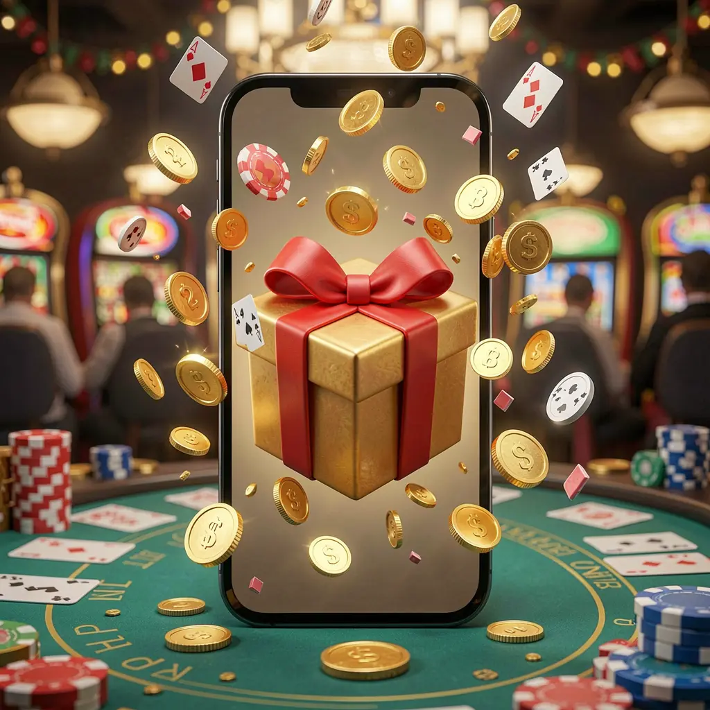 Premium 3D illustration of a mobile casino bonus app by 888MY showing a phone screen with a gift box and coins bursting out in a festive casino atmosphere