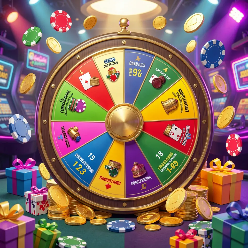 888MY casino bonus wheel with colorful prize sections surrounded by golden coins, chips, and gift boxes under bright neon casino lights in a dynamic composition