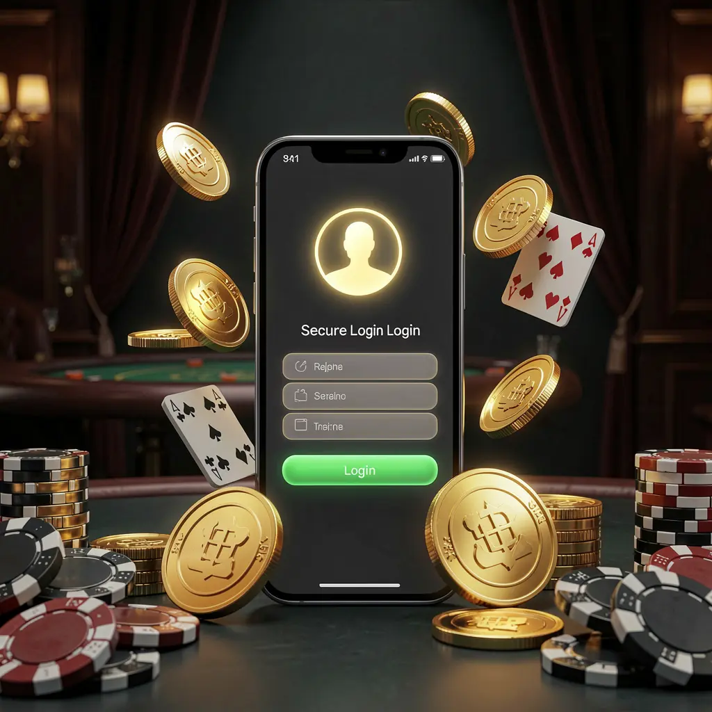 Modern smartphone displaying secure login screen with glowing user profile icon surrounded by golden coins and poker chips on a dark luxury background, representing 888MY online casino login page