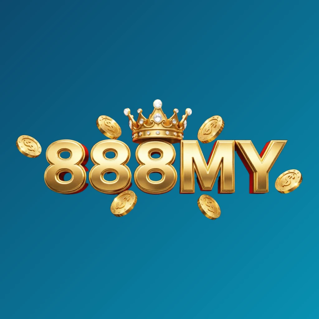 Casino-style logo for 888MY featuring golden letters with a crown element and sparkling coins, set in a luxury gaming atmosphere on a transparent background, designed as a horizontal rectangular wordmark for a website header