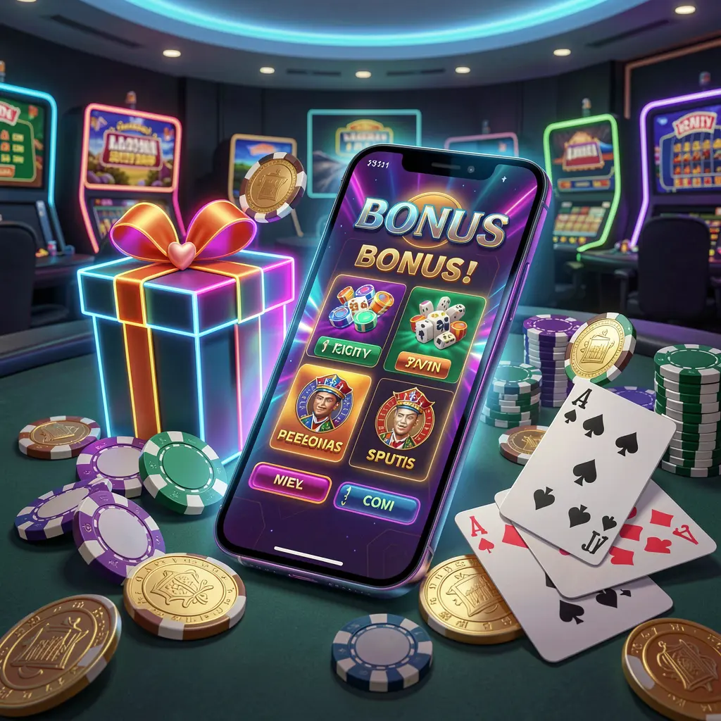 Modern casino website hero scene featuring a smartphone with glowing interface surrounded by bonus gift box, chips, coins, and playing cards in premium neon casino style, representing 888MY responsible gaming